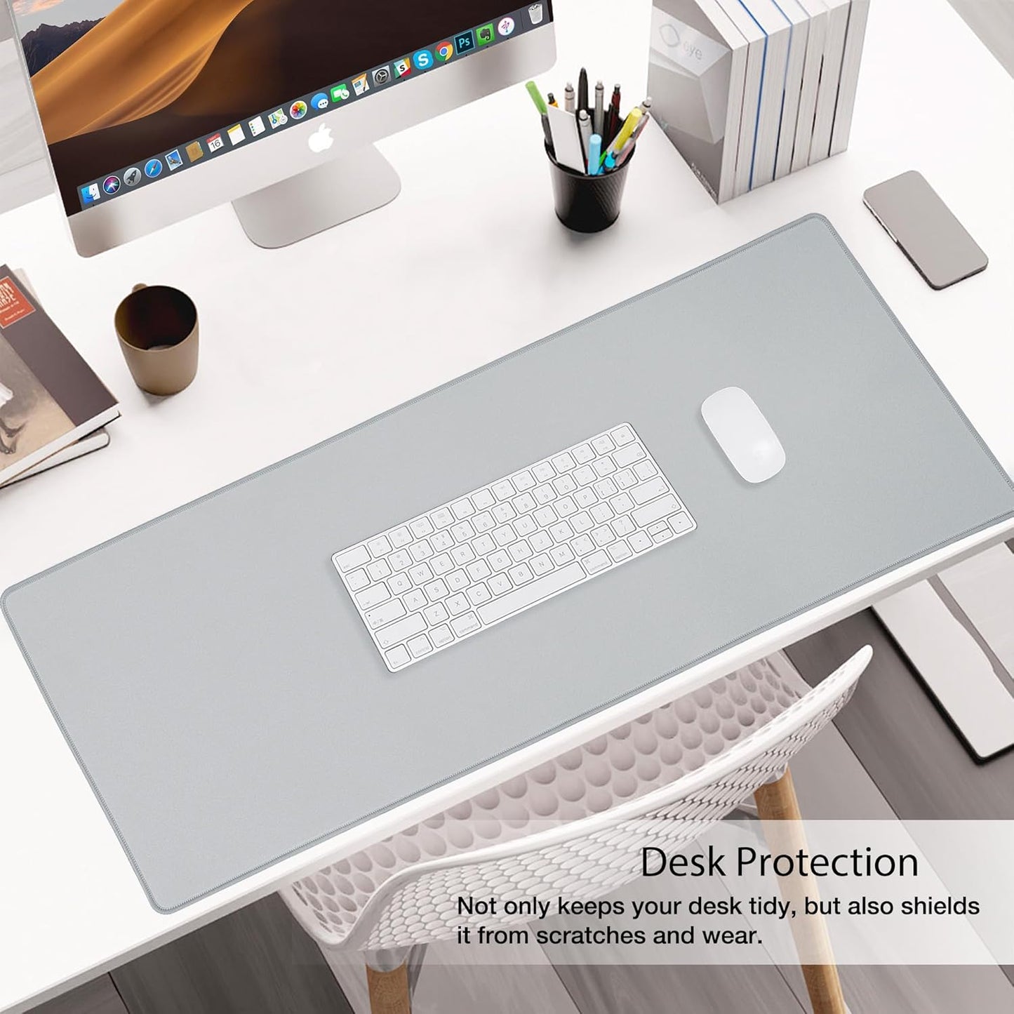 Waterproof Mouse Pad with Durable Stitched Edge, XXXL Gaming Keyboard Pad, Non-Slip Rubber Base Mouse Mat, Extended Desk Pad for Gamer, Office & Home, Gray Mousepad 35.4''X 15.7''X 0.12''